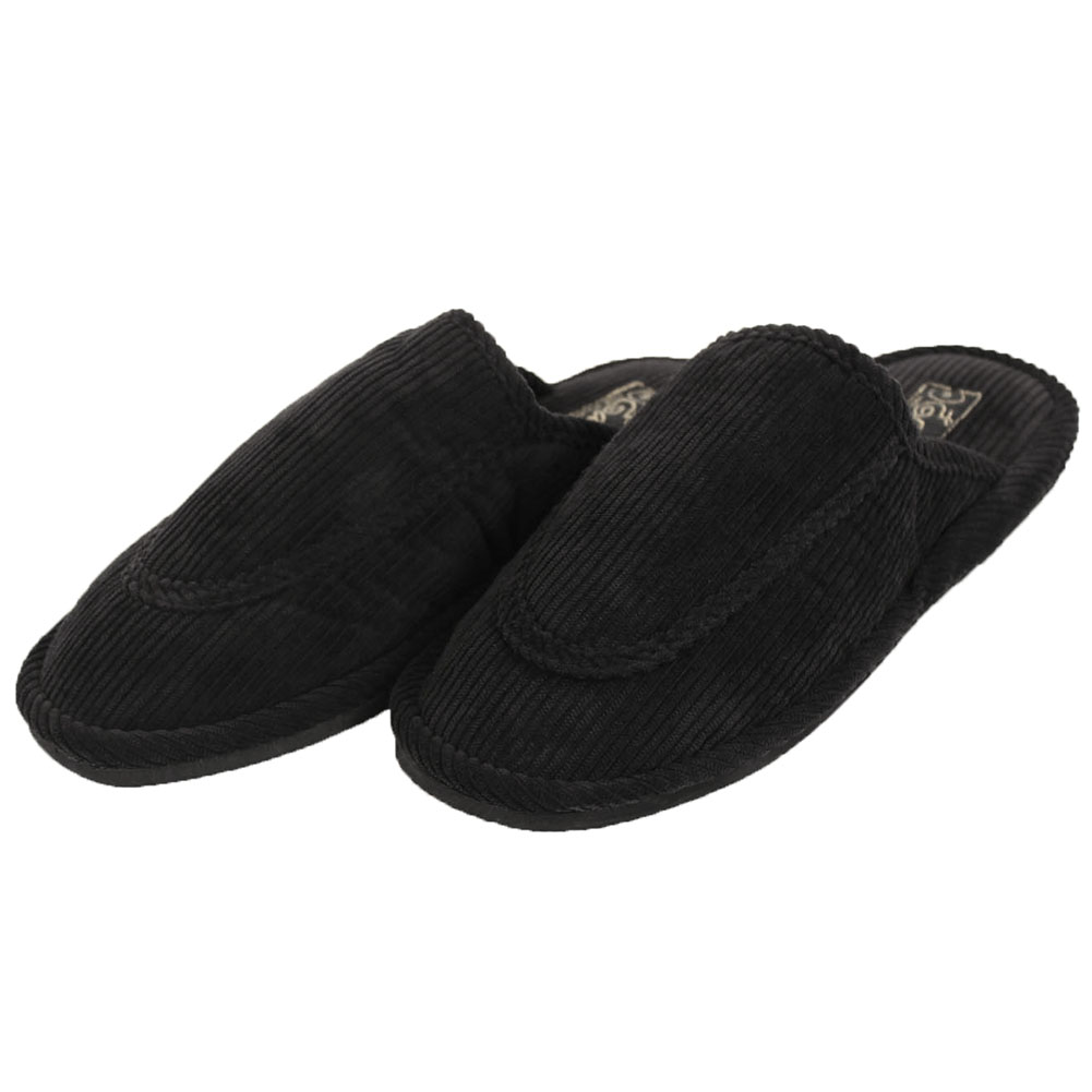 Mens Black Open Back House Shoes Slippers Moccasin Slip-on Corduroy Comfort 
