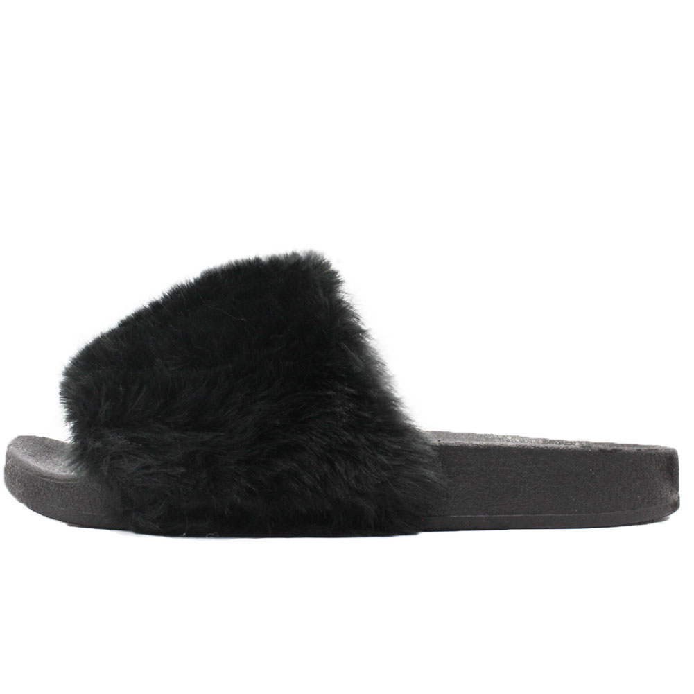 Womens Faux Fur Slides Slip on Fuzzy Sandal Slipper Shoes | eBay