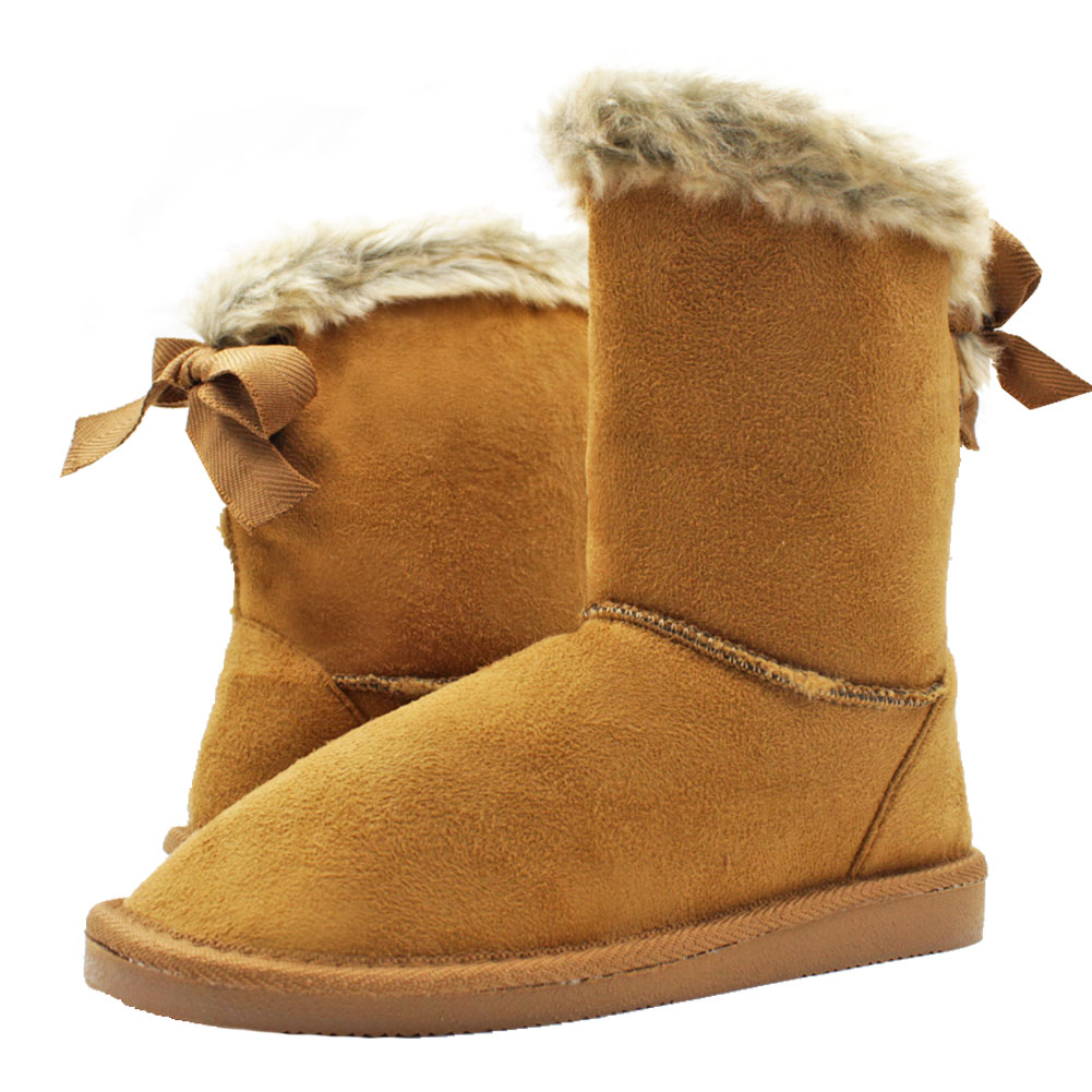 Womens Fur Boots Faux Sheepskin Suede Mid Calf Tall Ribbon Bow Lace ...