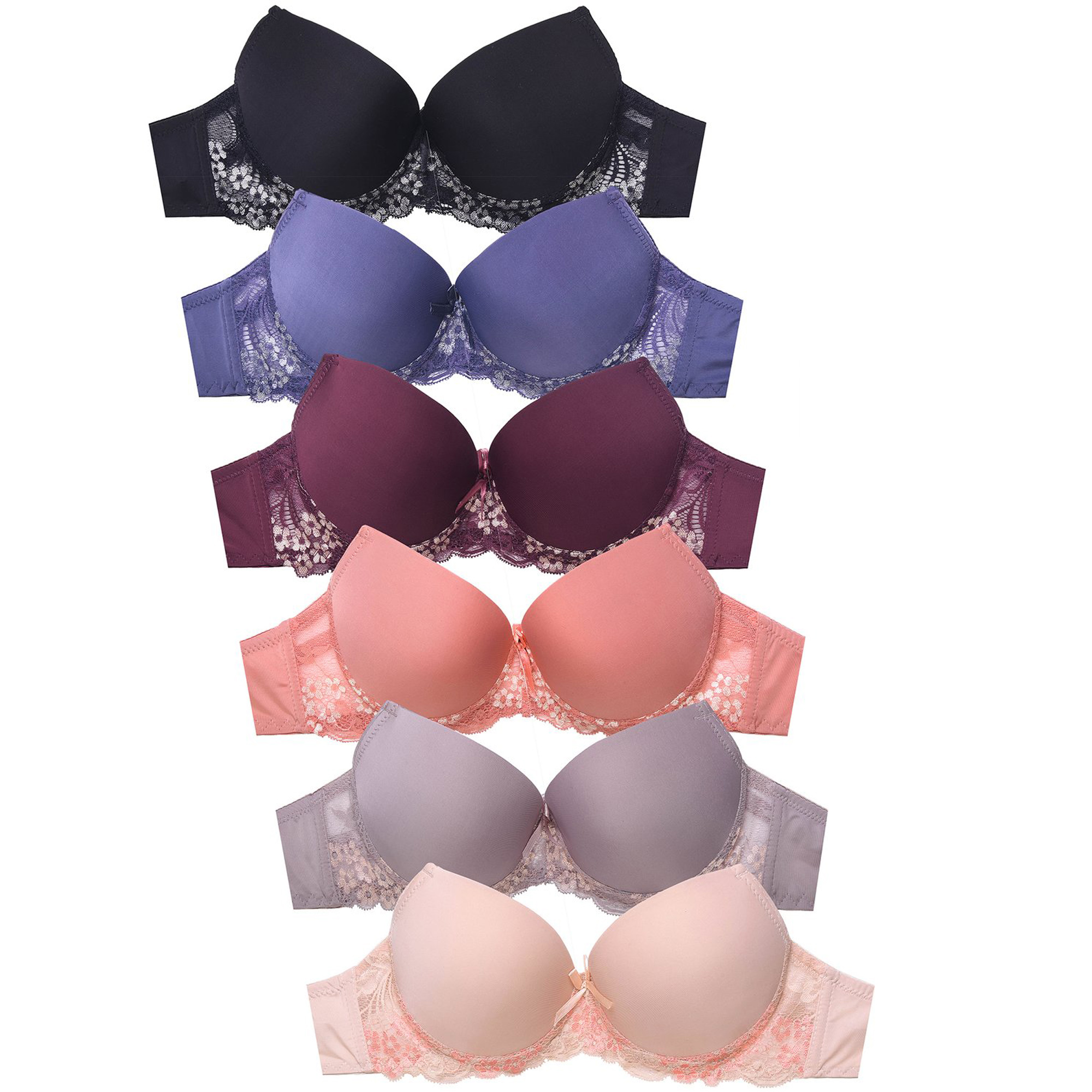 Mamia Womens 6 Multi Pack of Push Up Bras Floral Lace Padded
